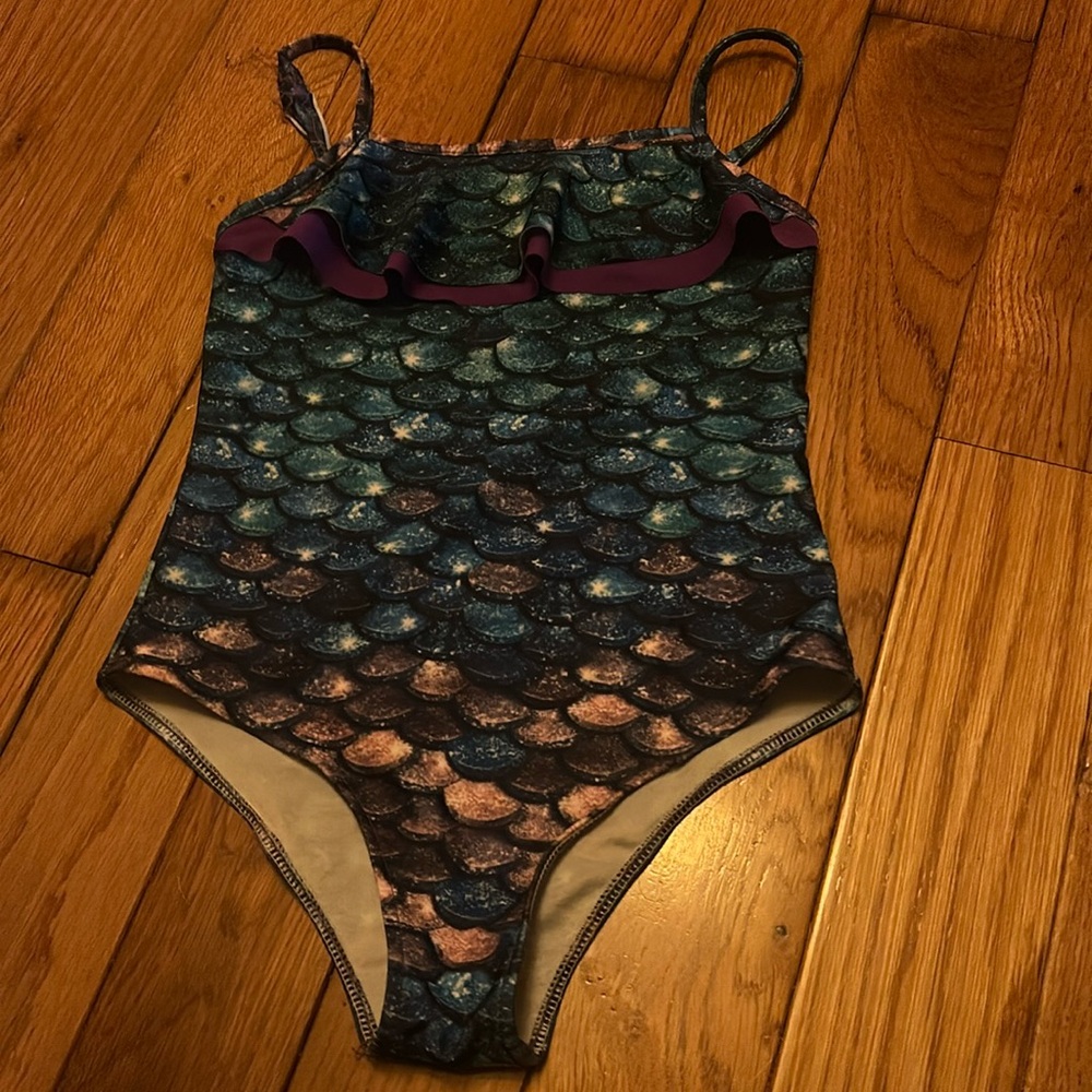 Girls size 8 blue and pink scales mermaid one piece bathing suit